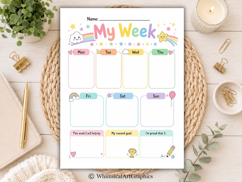 May include: A white weekly planner sheet titled My Week with pastel-colored headers for each day of the week. The layout includes seven rectangular boxes for daily tasks, plus three additional sections for goals and achievements with cute icons.