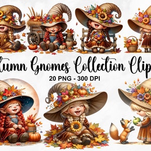 Clipart de coleção de gnomos de outono em aquarela, 20 PNG clipart de gnomos de abóbora, ação de graças de gnomo, gnomo de outono PNG, outono aconchegante, uso comercial