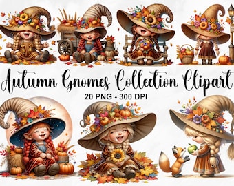 Peut inclure: Une collection de 20 images clipart numériques représentant des gnomes d'automne portant des chapeaux de sorcière décorés de feuilles d'automne, de citrouilles et de fleurs. Les gnomes sourient et tiennent divers objets d'automne. Les images sont en 300 DPI.