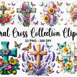 Aquarelle florale croix Collection Clipart, 23 PNG fleur Crucifix Clipart, Bundle de cliparts croix, crucifix de printemps PNG, usage Commercial