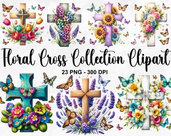 Watercolor Floral Cross Collection Clipart, 23 PNG Flower Crucifix Clipart, Cross Clipart Bundle, Spring Crucifix PNG, Commercial Use