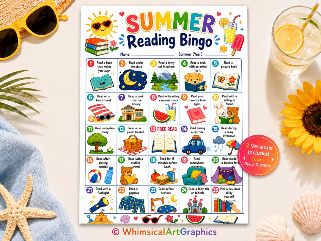 Summer Reading Bingo Printable for Kids, Color & Black and White ...