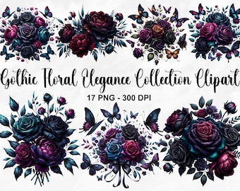 Watercolor Gothic Floral Elegance Collection Clipart, 17 PNG Gothic Flowers Clipart, Dark Fantasy Clipart, Flower PNG, Commercial Use