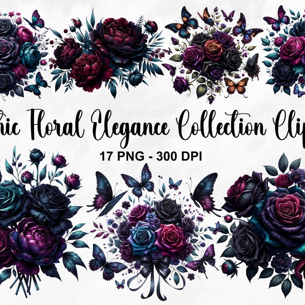 Watercolor Gothic Floral Elegance Collection Clipart, 17 PNG Gothic Flowers Clipart, Dark Fantasy Clipart, Flower PNG, Commercial Use