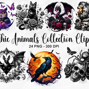 Aquarelle animaux gothiques Clipart, 24 PNG animaux gothiques Clipart, Bundle de cliparts gothique, décoration gothique, Junk Journal gothique, usage Commercial