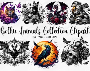 Watercolor Gothic Animals Clipart, 24 PNG Gothic Animals Clipart, Gothic Clipart Bundle, Gothic Decor, Gothic Junk Journal, Commercial Use