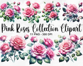 Puede incluir: Una colección de 11 imágenes de clipart digital que presentan rosas rosadas con hojas verdes. Las imágenes son de alta resolución, 300 DPI, y perfectas para proyectos de manualidades, invitaciones y más.