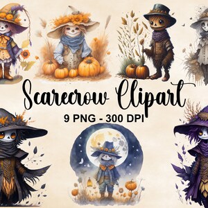 Watercolor Scarecrow Clipart, 9 PNG Fantasy Scarecrow Bundle, Halloween Png, Fantasy Scarecrow Clip Art, Instant Download, Commercial Use