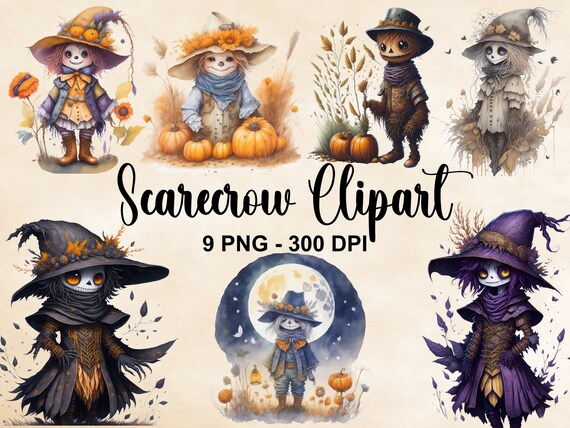 Watercolor Scarecrow Clipart, 9 PNG Fantasy Scarecrow Bundle, Halloween Png, Fantasy Scarecrow Clip Art, Instant Download, Commercial Use
