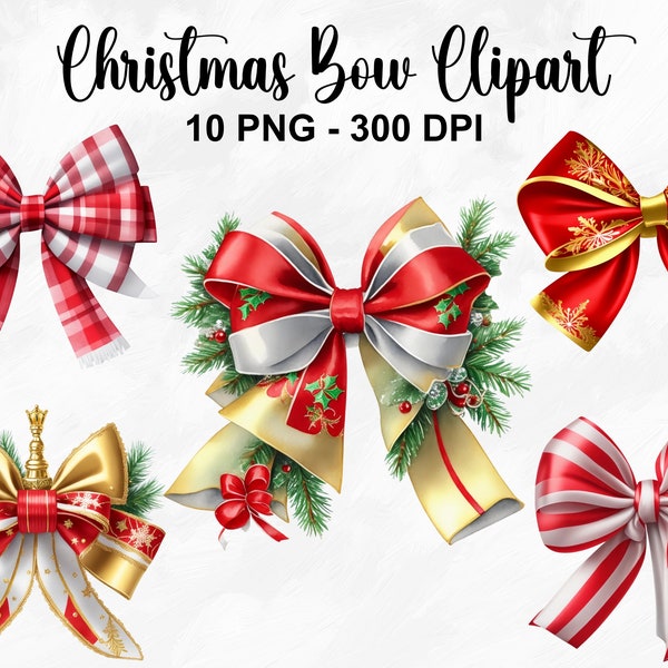 Christmas Bow Clipart, 10 PNG Christmas Bows Clip Art, Holiday Clipart, Scrapbooking, Digital Paper Craft, Christmas Clipart, Commercial Use