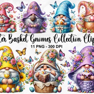 Aquarell Osterkorb Gnomes Sammlung Clipart, 11 PNG Oster Gnome Clipart, Festlicher Gnom, Fantasy Clipart, Gnome PNG, kommerzielle Nutzung