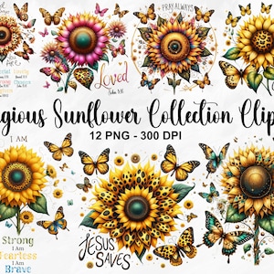Aquarell religiöse Sonnenblumensammlung Clipart, 12 PNG Sonnenblumen Clipart, Glaube über Angst, christliches Sublimationsdesign, kommerzielle Nutzung