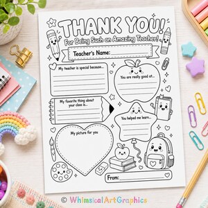 Teacher Appreciation Coloring Page Printable Thank You Teacher Worksheet End of School Year Gift From Student Kids Fill In Card Download DIY image 3