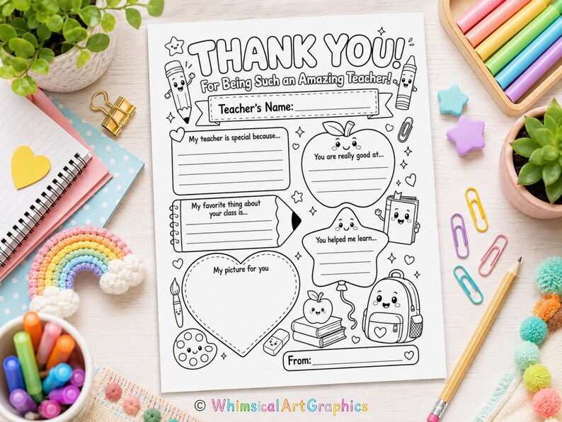 Teacher Appreciation Coloring Page Printable Thank You Teacher Worksheet End of School Year Gift From Student Kids Fill In Card Download DIY image 3