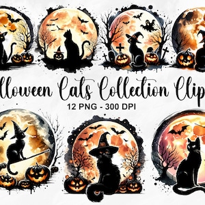 Clipart de coleção de gatos de Halloween em aquarela, 12 PNG clipart de Halloween, clipart de gatos pretos, pacote de gatos de Halloween de lua cheia, uso comercial