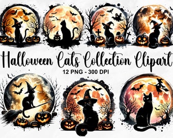Watercolor Halloween Cats Collection Clipart, 12 PNG Halloween Clipart, Black Cats Clipart, Full Moon Halloween Cats Bundle, Commercial Use