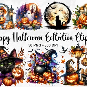 Aquarelle Happy Halloween Collection Clipart, 50 cliparts Halloween PNG, citrouille d'Halloween, sorcière, fantôme, araignée, chat d'Halloween, usage Commercial