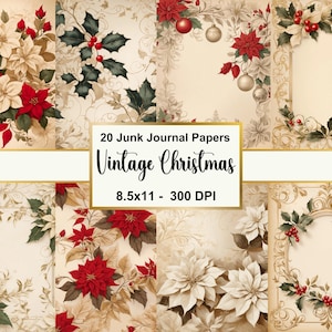 Pagine di diario spazzatura floreali natalizi vintage, kit diario spazzatura digitale Poinsettia, collage di fiori di Natale stampabile, uso commerciale