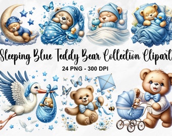 Watercolor Sleeping Blue Teddy Bear Clipart, 24 PNG Sleepy Teddy Bear Clipart, Boy Baby Shower Clipart, Baby Bear Clipart, Commercial Use