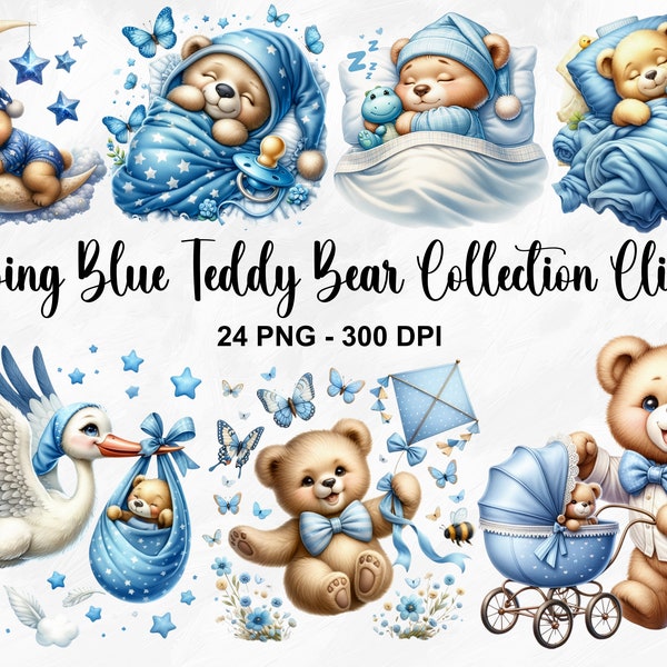 Watercolor Sleeping Blue Teddy Bear Clipart, 24 PNG Sleepy Teddy Bear Clipart, Boy Baby Shower Clipart, Baby Bear Clipart, Commercial Use