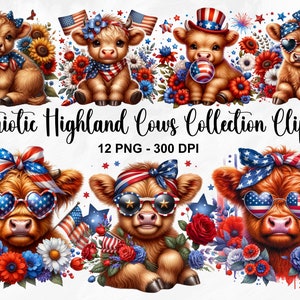 Acquerello patriottico Highland Cows Collection Clipart, 12 PNG 4 luglio Clipart, American Cow PNG, Baby Cow Clipart Bundle, Uso commerciale