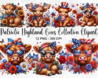 Watercolor Patriotic Highland Cows Collection Clipart, 12 PNG 4th Of July Clipart, American Cow PNG, Baby Cow Clipart Bundle, Commercial Use