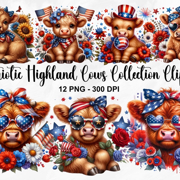 Watercolor Patriotic Highland Cows Collection Clipart, 12 PNG 4th Of July Clipart, American Cow PNG, Baby Cow Clipart Bundle, Commercial Use