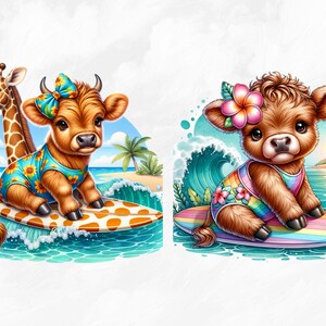 Watercolor Surfing Highland Cows Collection Clipart, 12 PNG Beach ...