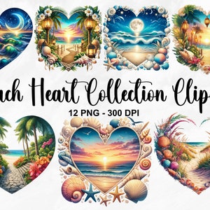 Acuarela Beach Heart Collection Clipart, 12 PNG Summer Clipart, Tropical Sunset Clipart, Olas del océano, Gráficos de playa, Uso comercial