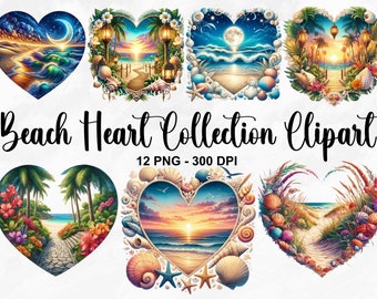 Watercolor Beach Heart Collection Clipart, 12 PNG Summer Clipart, Tropical Sunset Clipart, Ocean Waves, Beach Graphics, Commercial Use