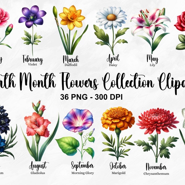 Watercolor Birth Month Flowers Clipart, 36 PNG Birth Month Flower Clipart, Botanical Clipart, DIY Birth Month Flower Bundle, Commercial Use