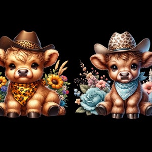Puede incluir: Dos adorables figuritas de terneros marrones y blancos con sombreros de vaquero y pa&ntilde;uelos. El ternero de la izquierda lleva un pa&ntilde;uelo amarillo con manchas marrones y el ternero de la derecha lleva un pa&ntilde;uelo azul. Ambos terneros est&aacute;n rodeados de flores coloridas.