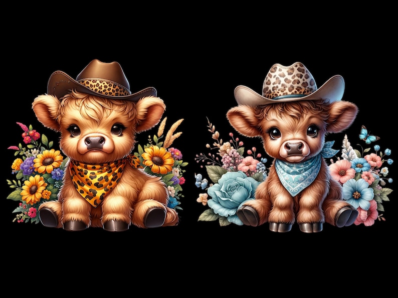 Puede incluir: Dos adorables figuritas de terneros marrones y blancos con sombreros de vaquero y pa&ntilde;uelos. El ternero de la izquierda lleva un pa&ntilde;uelo amarillo con manchas marrones y el ternero de la derecha lleva un pa&ntilde;uelo azul. Ambos terneros est&aacute;n rodeados de flores coloridas.