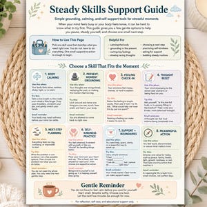 以下が含まれることがあります： Steady Skills Support Guideと題された文書。タイトル、説明文、およびグラウンディング技術が記載された8つの番号付きボックスで構成されています。パステルカラーのセクション、アイコン、コーヒーカップのイラストが描かれた優しいリマインダーが下部に配置されています。
