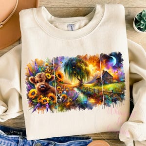 Blumen-Highland-Kuh PNG, Aquarell Sonnenblumen Png, Highland Kuh und Blumen Png, Babytier, Highland Kuh Sublimation, Brushstroke Kuh