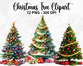 Watercolor Christmas Tree Clipart, 12 PNG Decorated Christmas Tree, Digital Paper Craft, Christmas Tree PNG, Holiday Clipart, Commercial Use