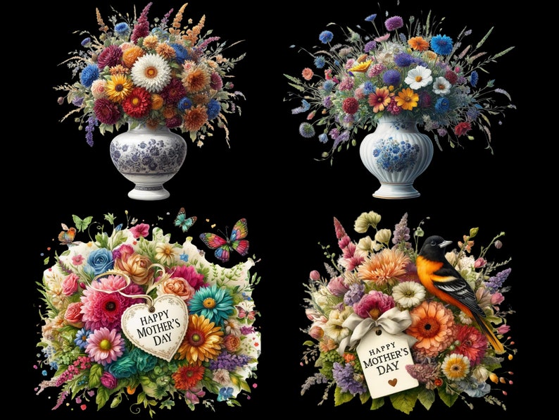 May include: Four floral arrangements with a black background. Two arrangements are in blue and white porcelain vases. The other two arrangements are in a heart-shaped frame with the text "Happy Mother's Day". One arrangement has a small bird perched on the flowers.