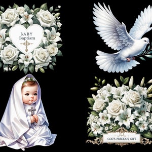 May include: A white dove with an olive branch in its beak flies above a bouquet of white roses and lilies. The bouquet has a sign that reads "God's Precious Gift". A baby dressed in white sits holding a cross. A heart-shaped frame with white roses and lilies surrounds the text "Baby Baptism".