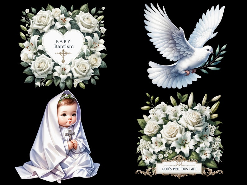 May include: A white dove with an olive branch in its beak flies above a bouquet of white roses and lilies. The bouquet has a sign that reads "God's Precious Gift". A baby dressed in white sits holding a cross. A heart-shaped frame with white roses and lilies surrounds the text "Baby Baptism".