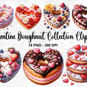 May include: A collection of 10 Valentine's Day themed heart-shaped donuts with various toppings, including chocolate, sprinkles, flowers, and berries.  The donuts are arranged in a row on a white background.  18 PNG - 300 DPI