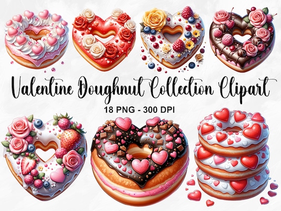 Watercolor Valentine Doughnut Collection Clipart, 18 PNG Valentines Day Clipart, Donut PNG, Donuts Clipart, Chocolate Donut, Commercial Use