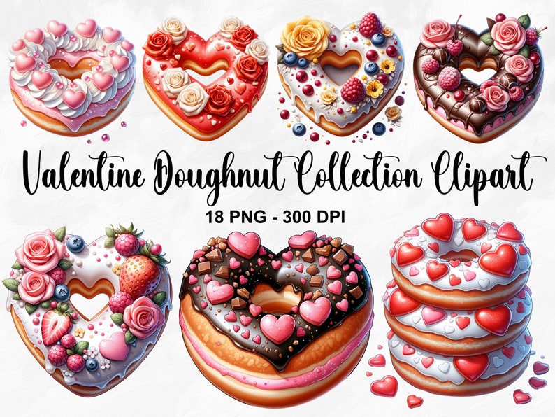 May include: A collection of 10 Valentine's Day themed heart-shaped donuts with various toppings, including chocolate, sprinkles, flowers, and berries.  The donuts are arranged in a row on a white background.  18 PNG - 300 DPI