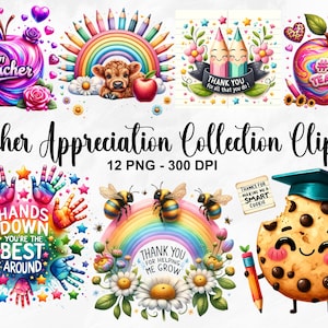 Clipart per la raccolta di apprezzamento per gli insegnanti dell'acquerello, 12 clipart per insegnanti PNG, clipart di apprezzamento per gli insegnanti, pacchetto PNG per gli insegnanti, uso commerciale