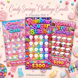 May include: Three printable savings challenge sheets titled Candy Kingdom Cash, Rainbow Sugar Stash, and Sweet Treat Savings. Each sheet features colorful candy-themed graphics, scratch-off style circles, and dollar amounts for tracking savings.