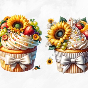 Watercolor Sunflower Cupcakes Collection Clipart, 18 PNG Sunflower Clipart, Cupcake Clipart, Dessert Clipart PNG, Summer PNG, Commercial Use image 6