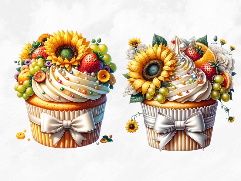 Watercolor Sunflower Cupcakes Collection Clipart, 18 PNG Sunflower Clipart, Cupcake Clipart, Dessert Clipart PNG, Summer PNG, Commercial Use image 6