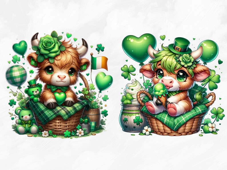 May include: Two adorable cartoon cows wearing green shamrock hats and holding a heart and ice cream cone. The cows are sitting in baskets with green plaid lining and surrounded by shamrocks and hearts.