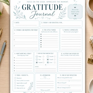 May include: A white gratitude journal page with dark blue text and botanical illustrations. The layout includes sections for date, daily reflections, things to be grateful for, people to appreciate, feelings, affirmations, and end of day notes.