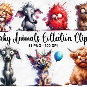 Imágenes prediseñadas de la colección de animales extravagantes de acuarela, 11 imágenes prediseñadas de animales tontos PNG, animales locos con flores, paquete de animales tontos, uso comercial