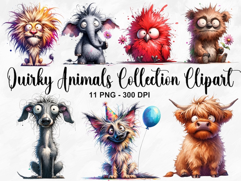 May include: A collection of 11 quirky animal illustrations in PNG format. The animals are drawn in a cartoon style and have exaggerated features. The animals include a lion, elephant, bird, bear, dog, and a cow. The illustrations are perfect for use in digital scrapbooking, card making, and other creative projects.